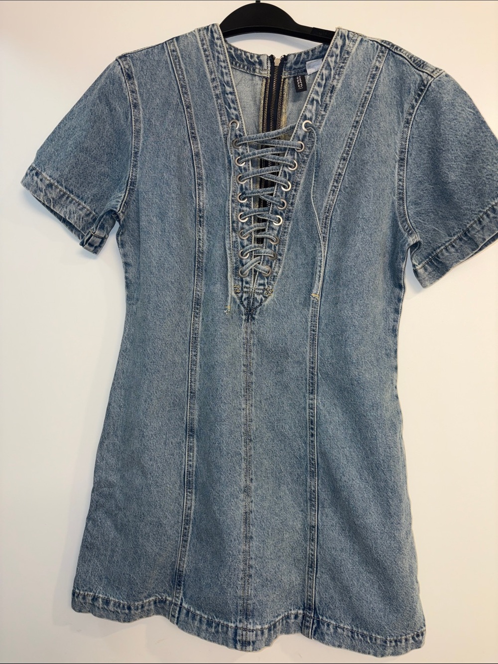 Lace-Up Denim Mini Dress - Light Blue